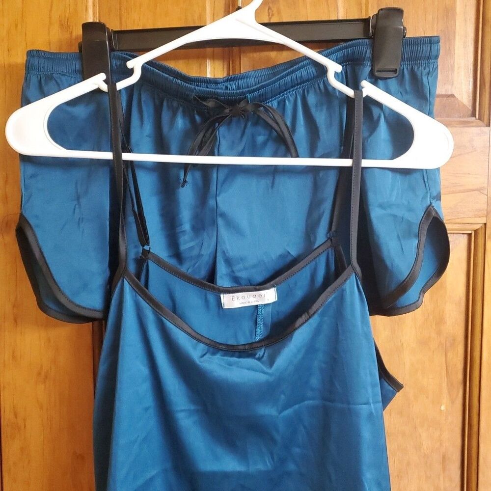 Ekouaer Satin Pajama Shorts Set Womens XL Green Teal Elastic Waist